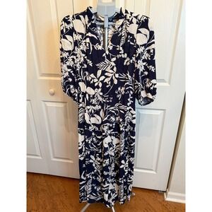 Ophelia Roe Navy Floral Midi Dress Women's Size M V-Neck 3/4 Sleeve Viscose